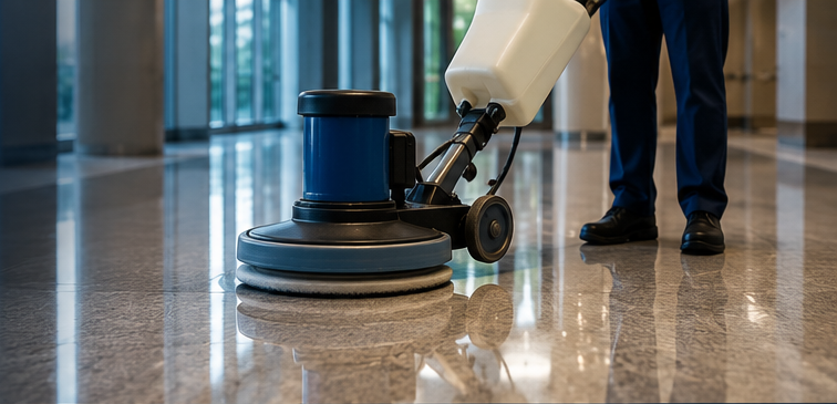Commercial floor buffer on a polished floor in a professional building