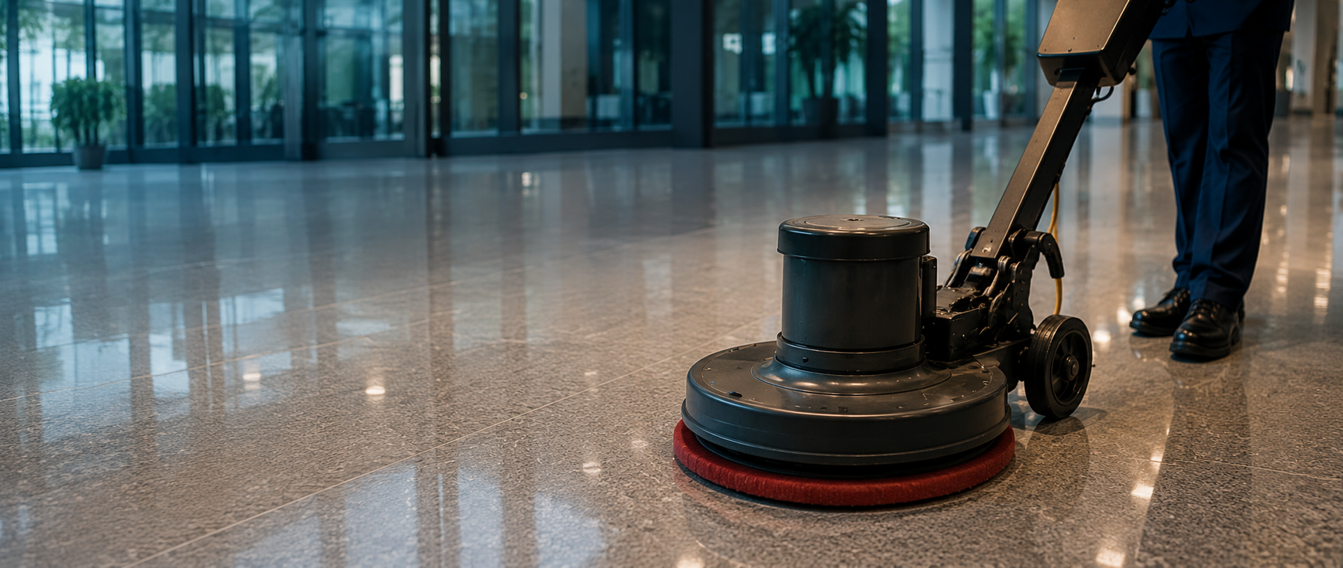 Commercial floor cleaning machine on a polished floor